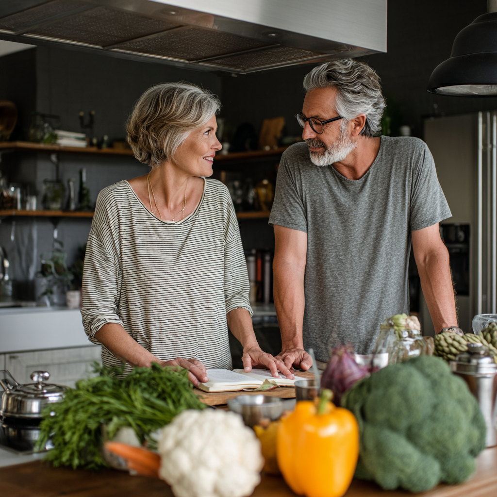 Middle-aged couple planning healthy meals together in modern kitchen