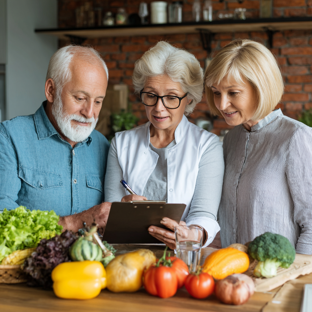 Professional nutritionist consulting with senior couple about healthy meal planning
